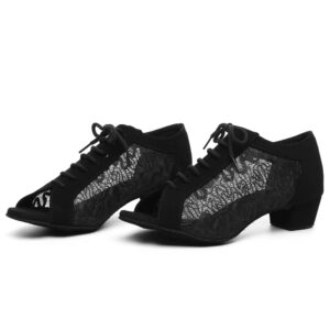 SWDZM Open Toe Women Ballroom Dance Shoes Salsa Latin Practice Shoes Lace-up Teaching Dance Shoes,YCL505,Black,8 US