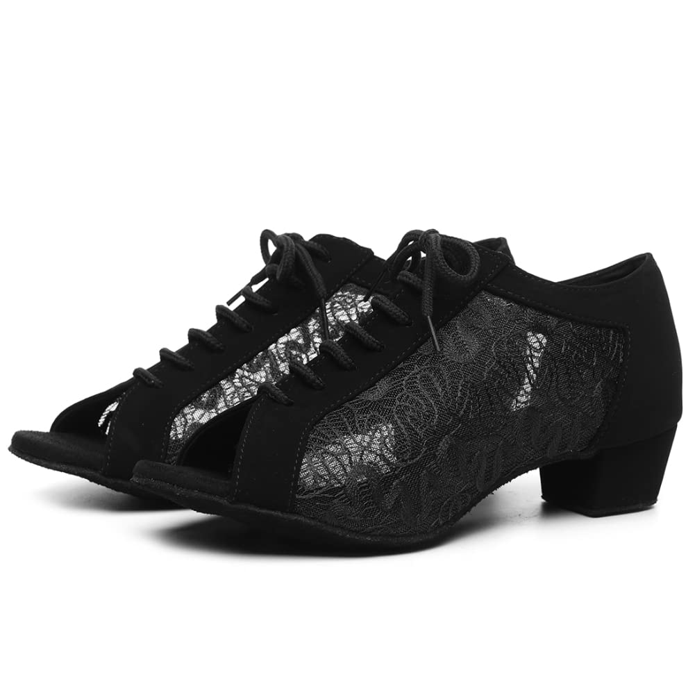 SWDZM Open Toe Women Ballroom Dance Shoes Salsa Latin Practice Shoes Lace-up Teaching Dance Shoes,YCL505,Black,8 US