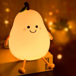 psdriqq night light pear cute led nursery nightlight lamp, tap control squishy silicone, usb rechargeable bedside lamp for bedroom, warm white & 7 colors, christmas gift for kids girls boys