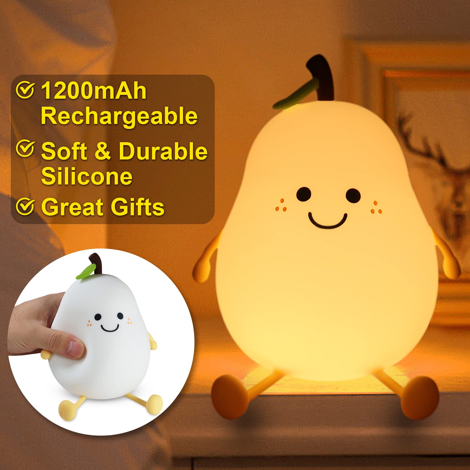 PSDRIQQ Night Light Pear Cute LED Nursery Nightlight Lamp, Tap Control Squishy Silicone, USB Rechargeable Bedside Lamp for Bedroom, Warm White & 7 Colors, Christmas Gift for Kids Girls Boys