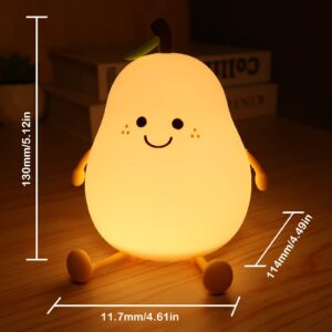 PSDRIQQ Night Light Pear Cute LED Nursery Nightlight Lamp, Tap Control Squishy Silicone, USB Rechargeable Bedside Lamp for Bedroom, Warm White & 7 Colors, Christmas Gift for Kids Girls Boys