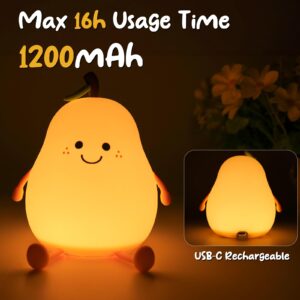 PSDRIQQ Night Light Pear Cute LED Nursery Nightlight Lamp, Tap Control Squishy Silicone, USB Rechargeable Bedside Lamp for Bedroom, Warm White & 7 Colors, Christmas Gift for Kids Girls Boys