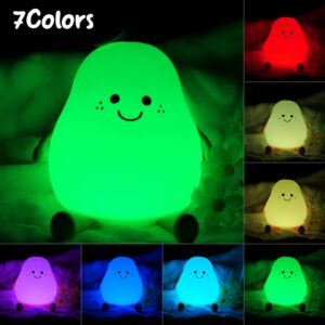 PSDRIQQ Night Light Pear Cute LED Nursery Nightlight Lamp, Tap Control Squishy Silicone, USB Rechargeable Bedside Lamp for Bedroom, Warm White & 7 Colors, Christmas Gift for Kids Girls Boys