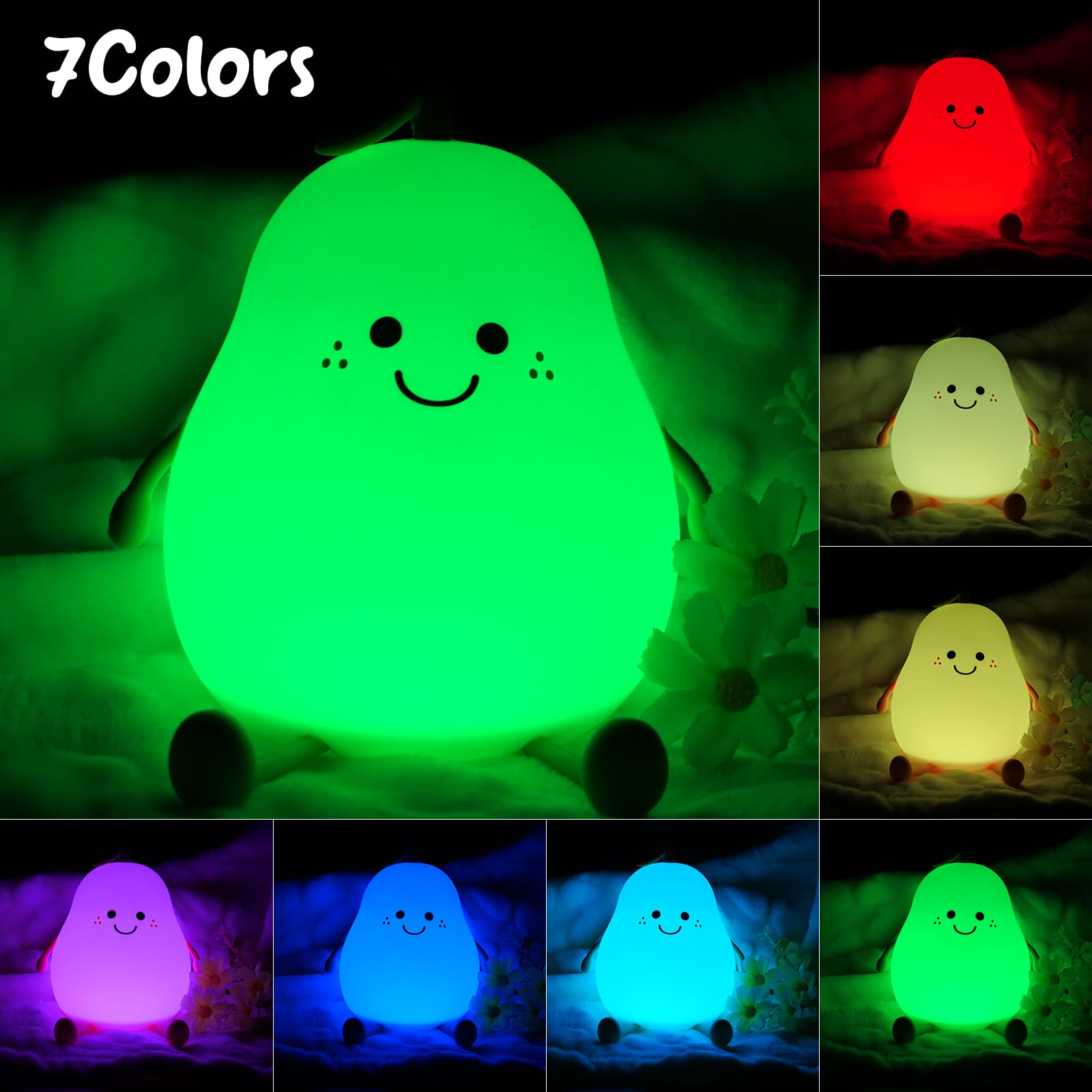 PSDRIQQ Night Light Pear Cute LED Nursery Nightlight Lamp, Tap Control Squishy Silicone, USB Rechargeable Bedside Lamp for Bedroom, Warm White & 7 Colors, Christmas Gift for Kids Girls Boys