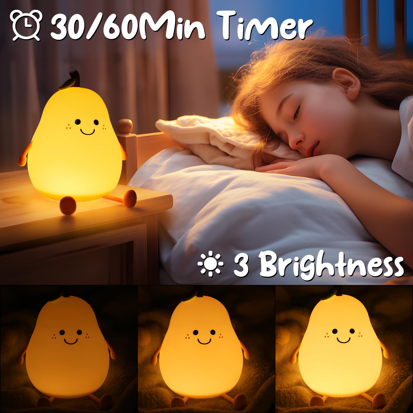 PSDRIQQ Night Light Pear Cute LED Nursery Nightlight Lamp, Tap Control Squishy Silicone, USB Rechargeable Bedside Lamp for Bedroom, Warm White & 7 Colors, Christmas Gift for Kids Girls Boys