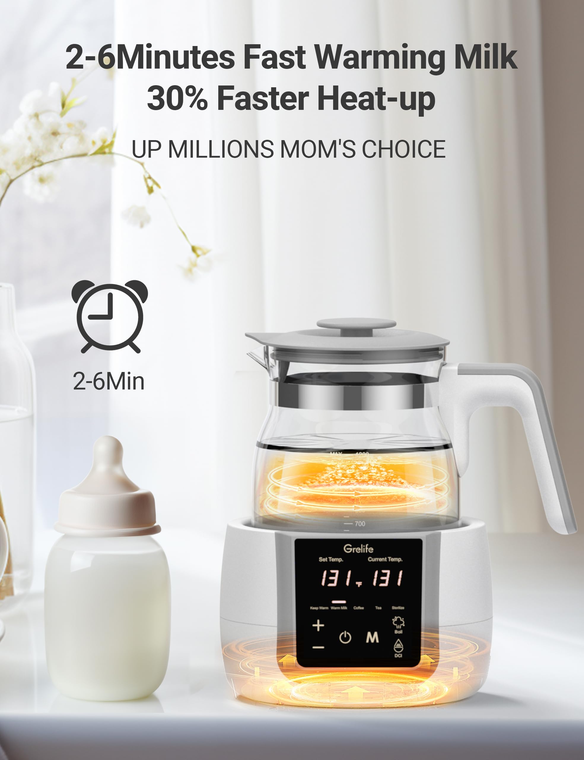 Bottle Warmer,Grelife 9-in-1 Fast Portable Instant Baby Milk Warme with 72H Keep Warm,Accurate Temperature Control,with Defrost, Sterili-zing, Heat Baby Food Jars for Breastmilk,Formula,Tea,Coffee