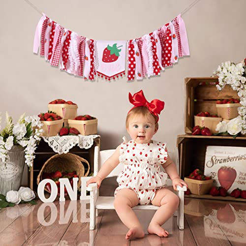 Strawberry High Chair Banner for 1st Birthday - Strawberry Theme Birthday Decoration, First Birthday Decorations for Girl, Sweet One Birthday Party Decorations, Cake Smash Photo Props