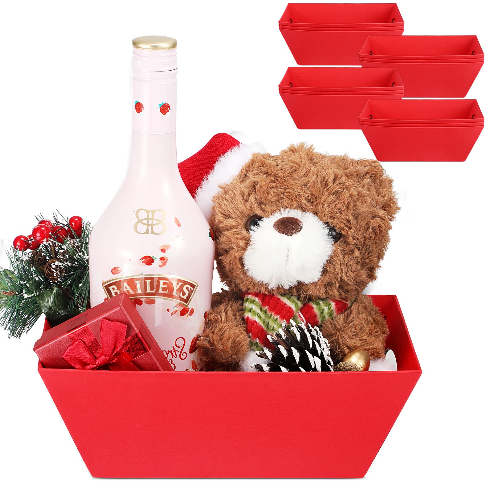 12 Pcs Small Basket for Gifts 9.8 x 6.5 Inch Empty Sturdy Cardboard Trays with Handles Bulk Gift Basket Market Tray Favor for Valentines Mother's Day Birthday Wedding (Red, Simple)