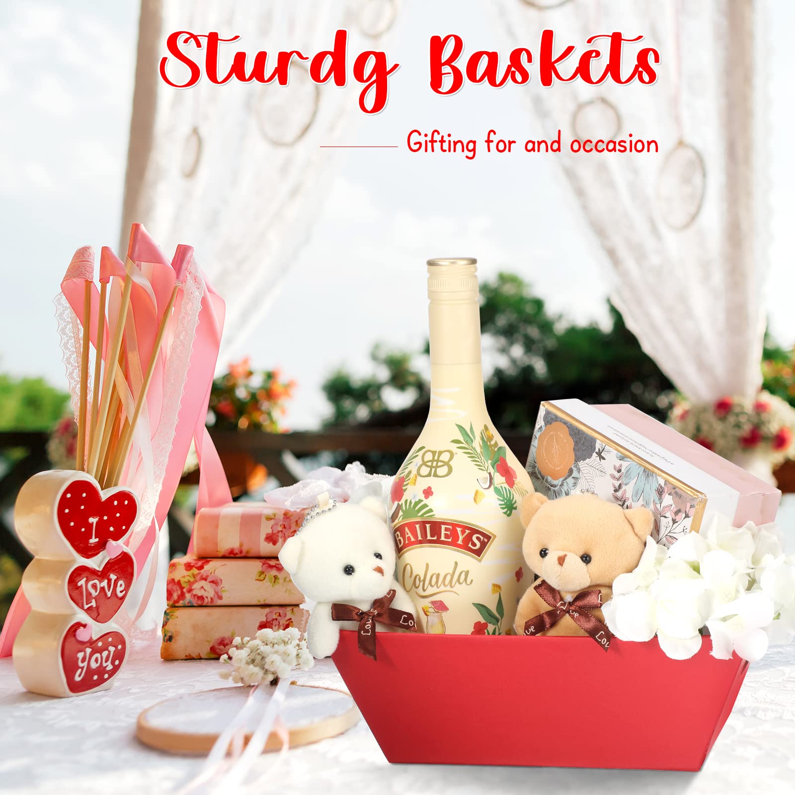 12 Pcs Small Basket for Gifts 9.8 x 6.5 Inch Empty Sturdy Cardboard Trays with Handles Bulk Gift Basket Market Tray Favor for Valentines Mother's Day Birthday Wedding (Red, Simple)
