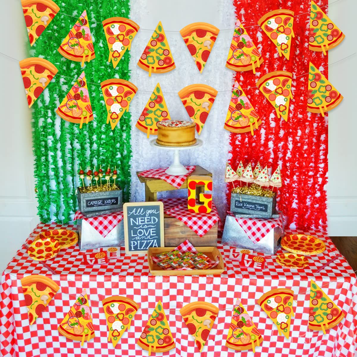 Fangleland 3 Pieces Pizza Banner, Pizza Theme Pennant Bunting Garland for Baby Shower, Birthday Bachelorette Party Supplies, Fast Food Theme Decorations for Pizza Party Time