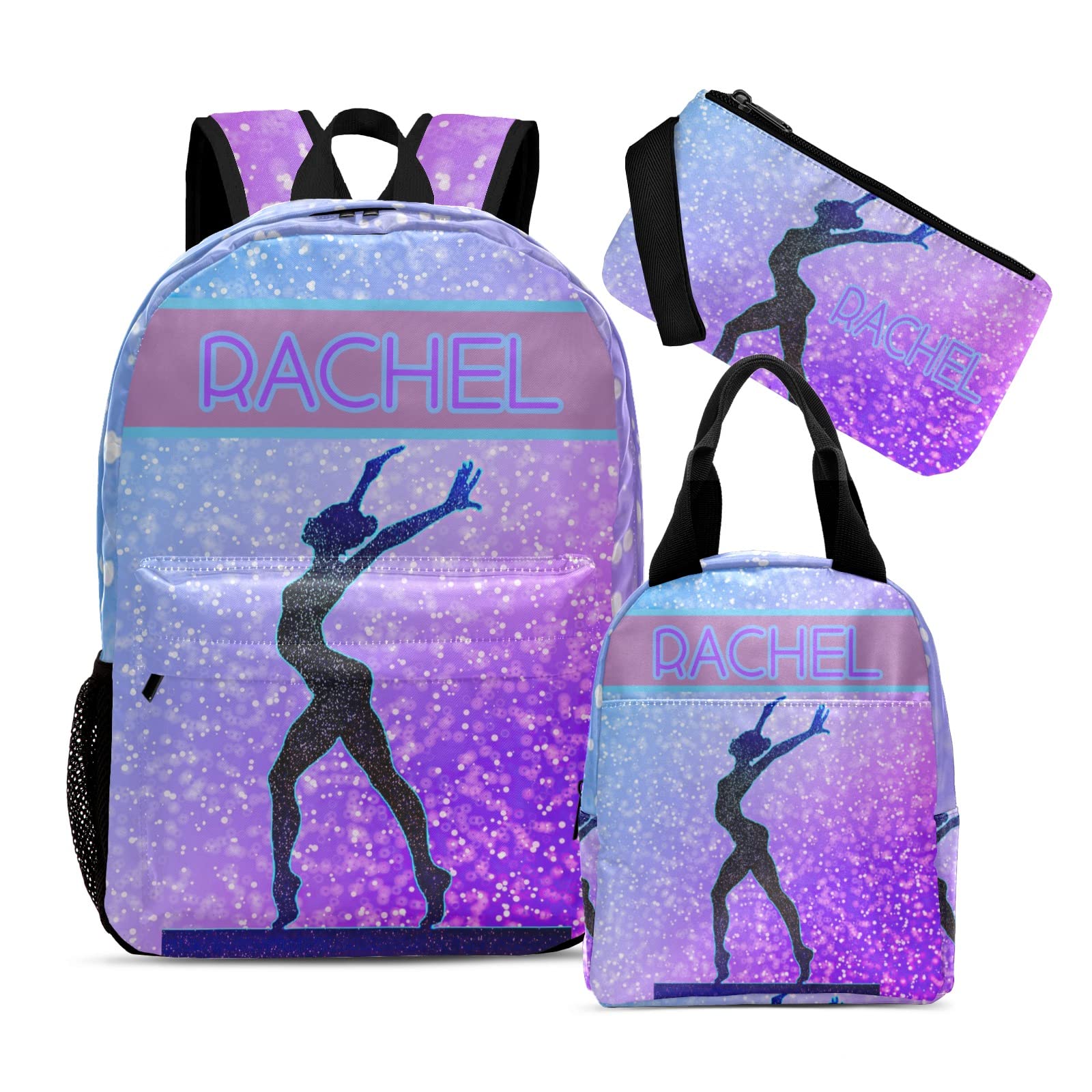 Personalized Gymnastic Bling Print Purple Student Backpacks Set with Name Large Unique 1Lunch Handbag +1Pencil Case +1Schoolbag