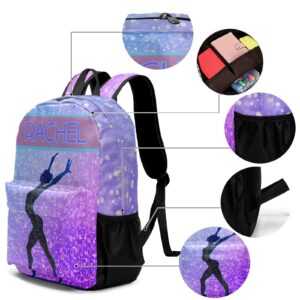 Personalized Gymnastic Bling Print Purple Student Backpacks Set with Name Large Unique 1Lunch Handbag +1Pencil Case +1Schoolbag