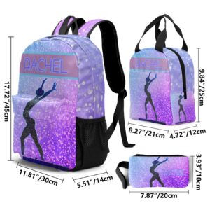 Personalized Gymnastic Bling Print Purple Student Backpacks Set with Name Large Unique 1Lunch Handbag +1Pencil Case +1Schoolbag