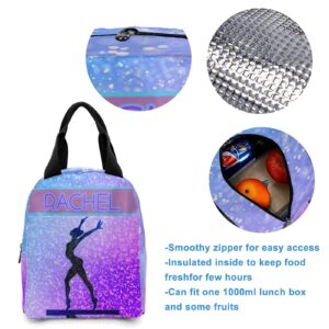 Personalized Gymnastic Bling Print Purple Student Backpacks Set with Name Large Unique 1Lunch Handbag +1Pencil Case +1Schoolbag