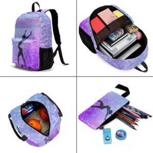 Personalized Gymnastic Bling Print Purple Student Backpacks Set with Name Large Unique 1Lunch Handbag +1Pencil Case +1Schoolbag