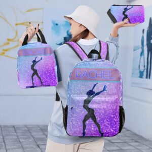 Personalized Gymnastic Bling Print Purple Student Backpacks Set with Name Large Unique 1Lunch Handbag +1Pencil Case +1Schoolbag