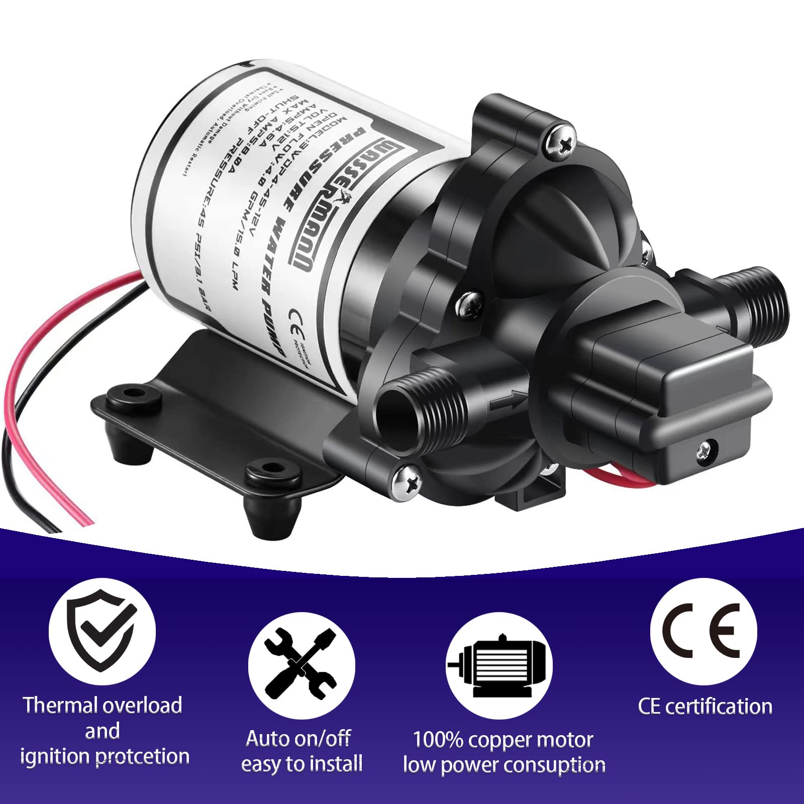 WASSERMANN RV Pump, 12V Self-priming RV Water Pressure Pump 4.0GPM 45PSI with Pressure Switch, for RV Marine Camping Yacht Garden