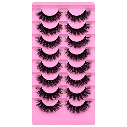 JIMIRE Mink Lashes Fluffy False Eyelashes Natural Look 15MM Wispy Fake Eyelashes Volume D Curl Russian Strip Fake Lashes Bulk 8 Pairs Pack