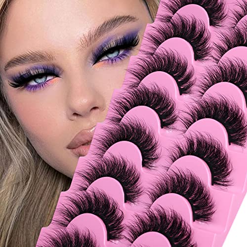 JIMIRE Mink Lashes Fluffy False Eyelashes Natural Look 15MM Wispy Fake Eyelashes Volume D Curl Russian Strip Fake Lashes Bulk 8 Pairs Pack