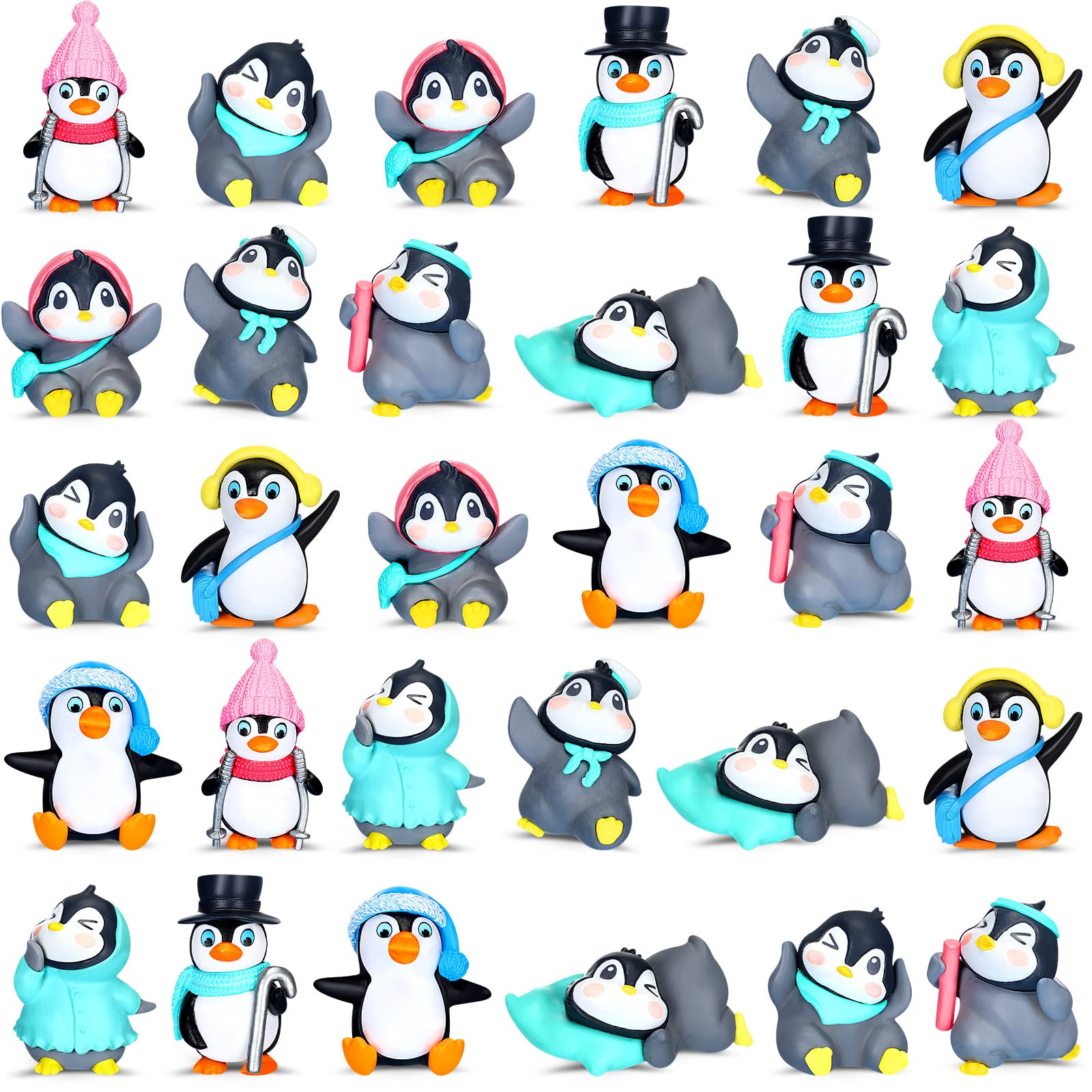 Macarrie 30 Pcs Penguin Figurines Cute Penguin Characters Toys Mini Penguin Figurines Collection Playset Mini Cartoon Penguin Cake Topper Winter Penguin Figurines Cake Decoration for Boy Girl(Vivid)