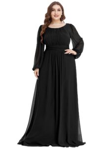 ever-pretty women's round neck long lantern sleeves chiffon pleated long evening gown plus size formal dress black us22