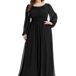 Ever-Pretty Women's Round Neck Long Lantern Sleeves Chiffon Pleated Long Evening Gown Plus Size Formal Dress Black US22