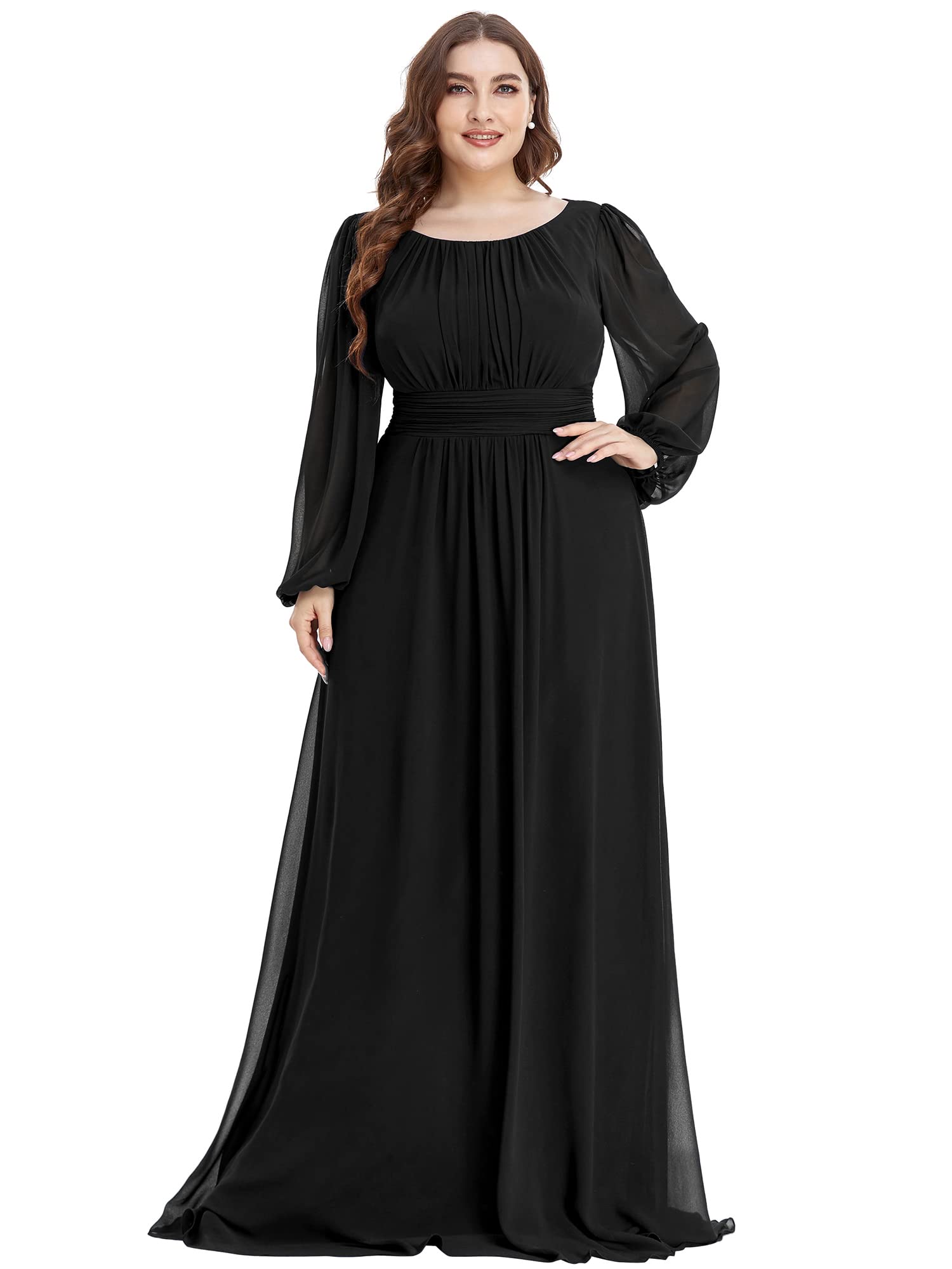 Ever-Pretty Women's Round Neck Long Lantern Sleeves Chiffon Pleated Long Evening Gown Plus Size Formal Dress Black US22