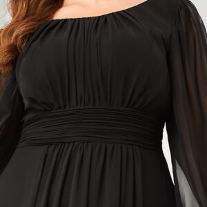 Ever-Pretty Women's Round Neck Long Lantern Sleeves Chiffon Pleated Long Evening Gown Plus Size Formal Dress Black US22