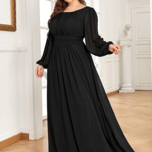 Ever-Pretty Women's Round Neck Long Lantern Sleeves Chiffon Pleated Long Evening Gown Plus Size Formal Dress Black US22