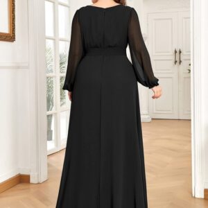 Ever-Pretty Women's Round Neck Long Lantern Sleeves Chiffon Pleated Long Evening Gown Plus Size Formal Dress Black US22