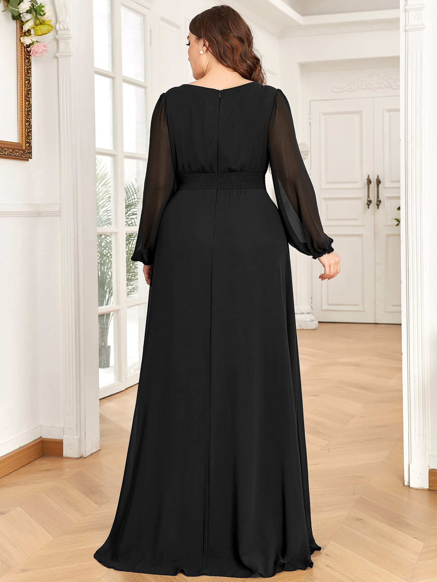 Ever-Pretty Women's Round Neck Long Lantern Sleeves Chiffon Pleated Long Evening Gown Plus Size Formal Dress Black US22