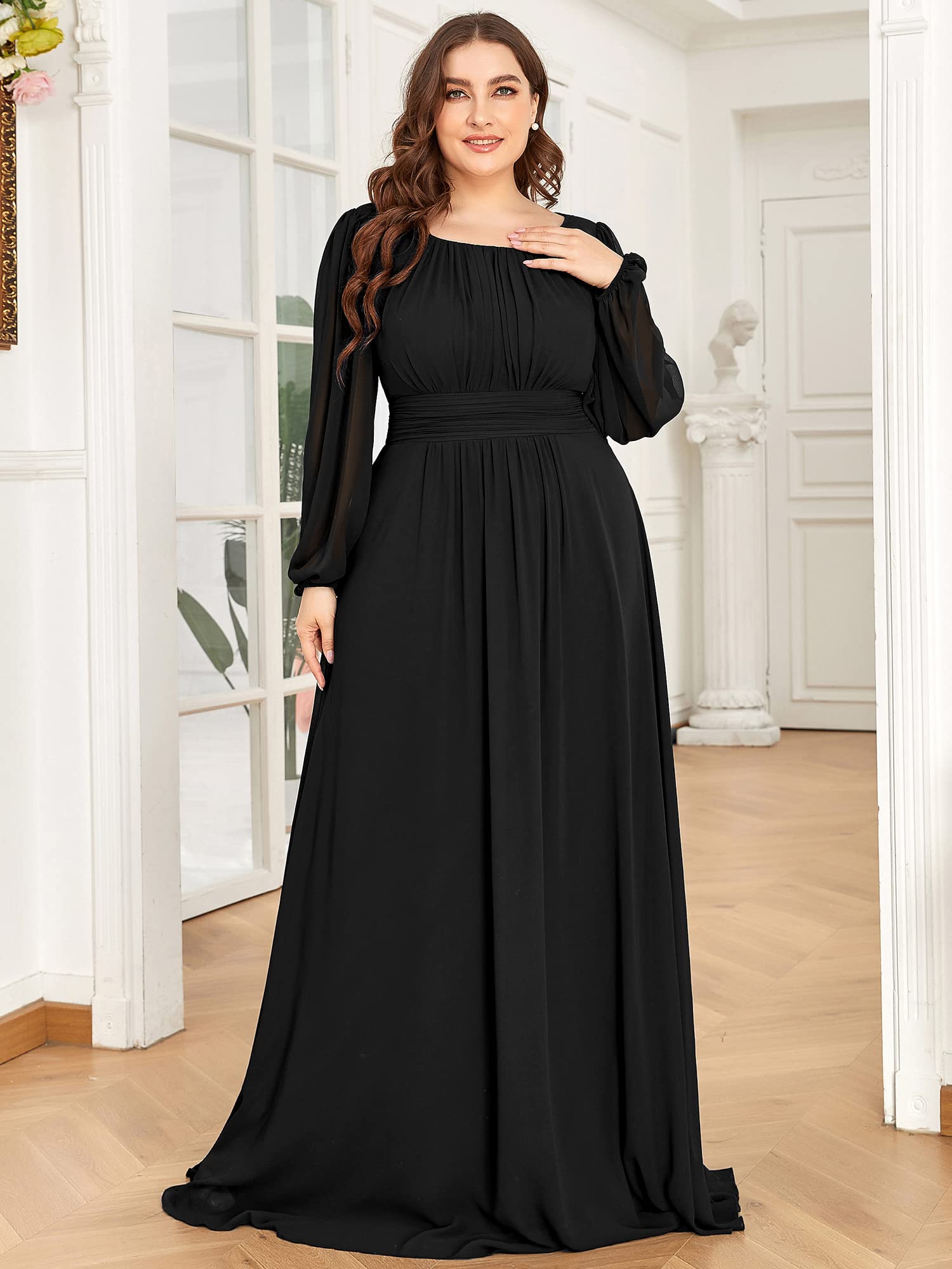 Ever-Pretty Women's Round Neck Long Lantern Sleeves Chiffon Pleated Long Evening Gown Plus Size Formal Dress Black US22