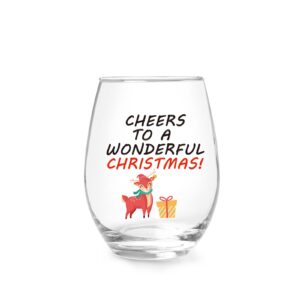 jogskeor cheers to a wonderful christmas wine glass, christmas elk stemless wine glass for friends dad mom women men christmas new year wedding party winter holiday party, 15 oz