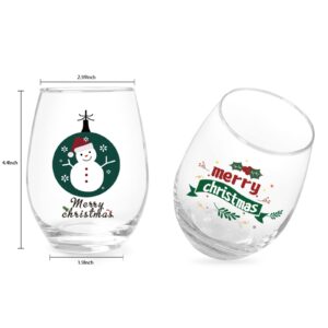 Set of 2 Merry Christmas Wine Glass, 15 Oz Christmas Snowman Stemless Wine Glass for Friends Dad Mom Women Men Christmas Wedding Party Winter Holiday Birthday Party