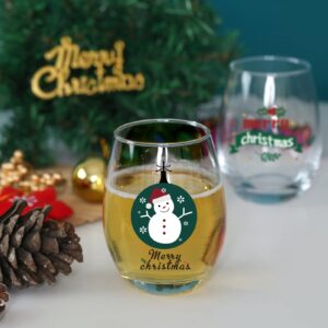 Set of 2 Merry Christmas Wine Glass, 15 Oz Christmas Snowman Stemless Wine Glass for Friends Dad Mom Women Men Christmas Wedding Party Winter Holiday Birthday Party