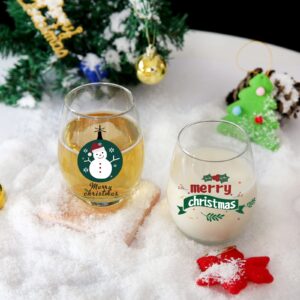 Set of 2 Merry Christmas Wine Glass, 15 Oz Christmas Snowman Stemless Wine Glass for Friends Dad Mom Women Men Christmas Wedding Party Winter Holiday Birthday Party
