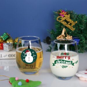 Set of 2 Merry Christmas Wine Glass, 15 Oz Christmas Snowman Stemless Wine Glass for Friends Dad Mom Women Men Christmas Wedding Party Winter Holiday Birthday Party