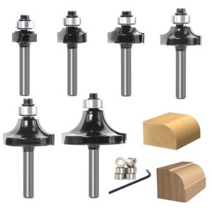 sinoprotools 6pcs roundover router bits set 1/4 shank, with 6 bearings 3/8" corner round over router bits, carbide roundover bits for rounding edge forming (radius 1/16" 1/8" 3/16" 1/4" 3/8" 1/2")