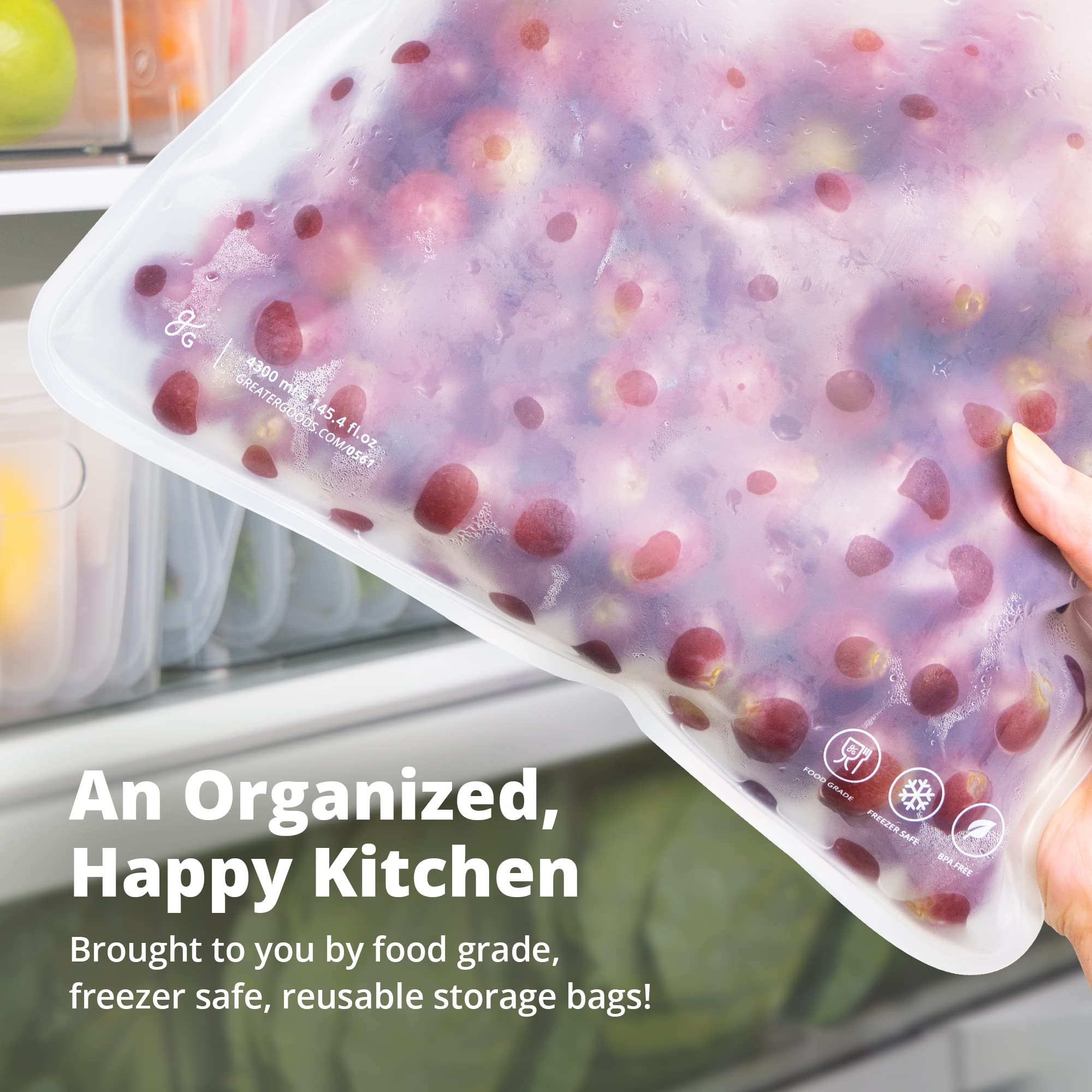 Greater Goods Reusable Food Storage Bags - BPA Free, Food Grade Ziplock Freezer Bags Made from PEVA (2 Small + 4 Medium + 2 Large)