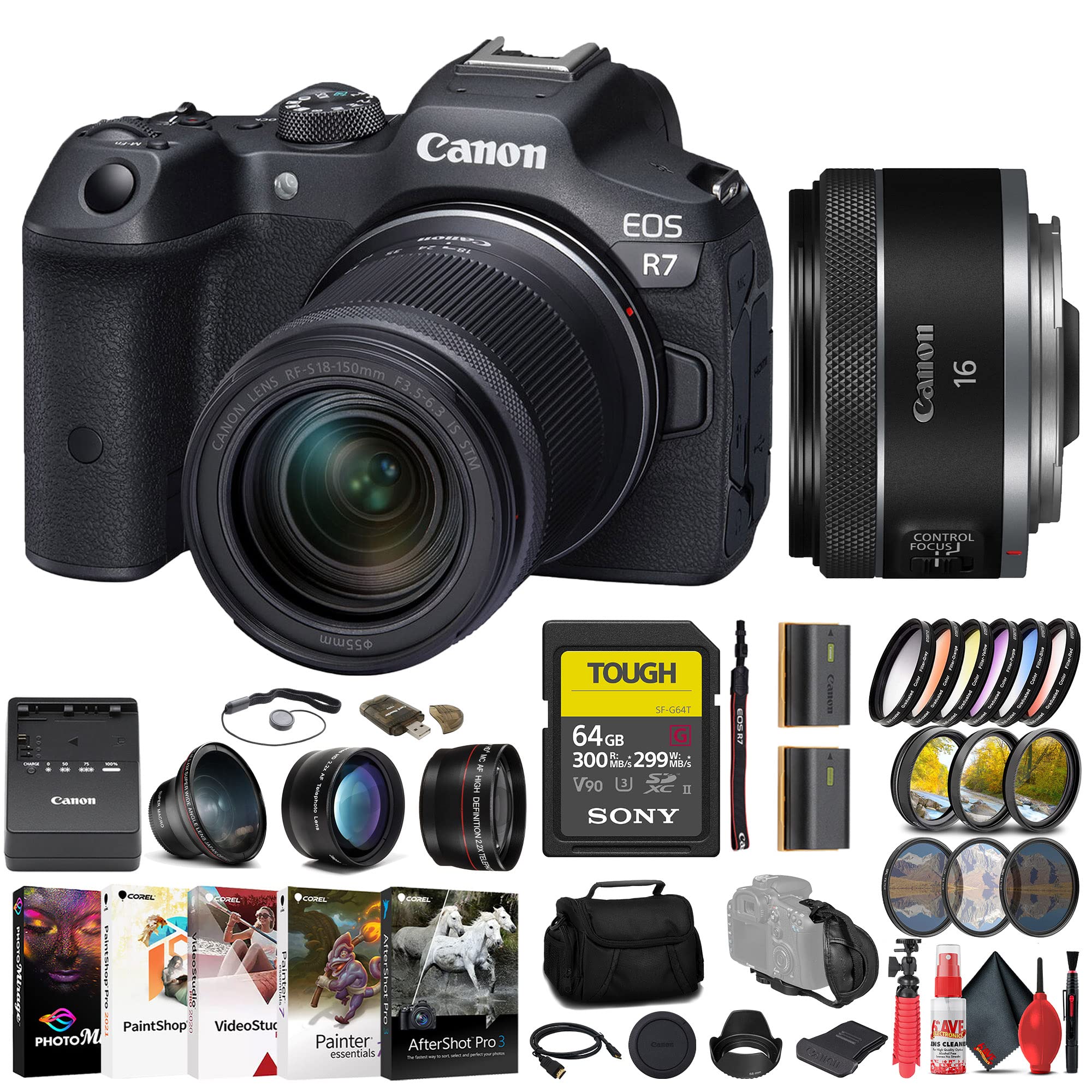 Canon EOS R7 Mirrorless Camera with 18-150mm Lens (5137C009) + Canon 16mm Lens (5051C002) + Sony 64GB Tough SD Card + Filter Kit + Wide Angle Lens + Telephoto Lens + Color Filter Kit + More (Renewed)