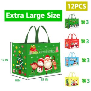 ZNABHNG 12PCS Extra Large Christmas Tote Bags with Handles Christmas Gifts Bags 15.2"x12.2"x8.3" Large Christmas Bags for Gifts Reusable Christmas Shopping Bags Christmas Grocery Totes