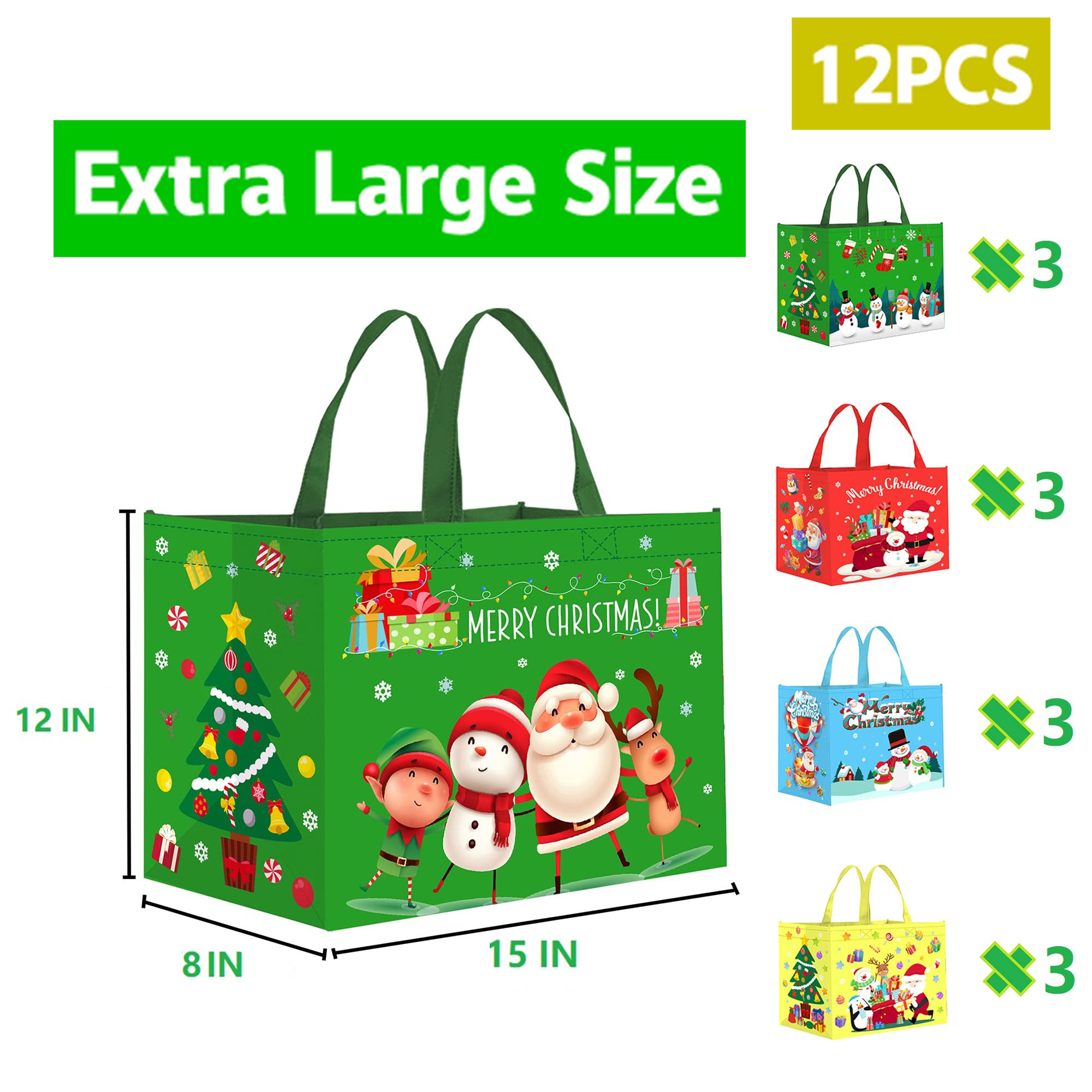 ZNABHNG 12PCS Extra Large Christmas Tote Bags with Handles Christmas Gifts Bags 15.2"x12.2"x8.3" Large Christmas Bags for Gifts Reusable Christmas Shopping Bags Christmas Grocery Totes