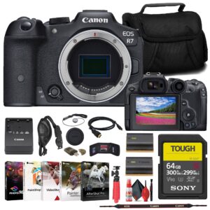canon eos r7 mirrorless camera (5137c002) + sony 64gb tough sd card + bag + charger + lpe6 battery + card reader + corel photo software + hdmi cable + flex tripod + hand strap + more (renewed)
