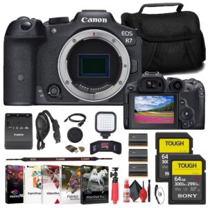 canon eos r7 mirrorless camera (5137c002) + 2 x sony 64gb tough sd card + bag + charger + 2 x lpe6 battery + card reader + led light + corel photo software + hdmi cable + flex tripod + more (renewed)
