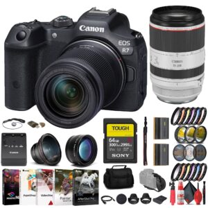 canon eos r7 mirrorless camera with 18-150mm lens (5137c009) + canon 70-200mm lens (3792c002) + 64gb tough sd card + filter kit + wide angle lens + telephoto lens + color filter kit + more (renewed)
