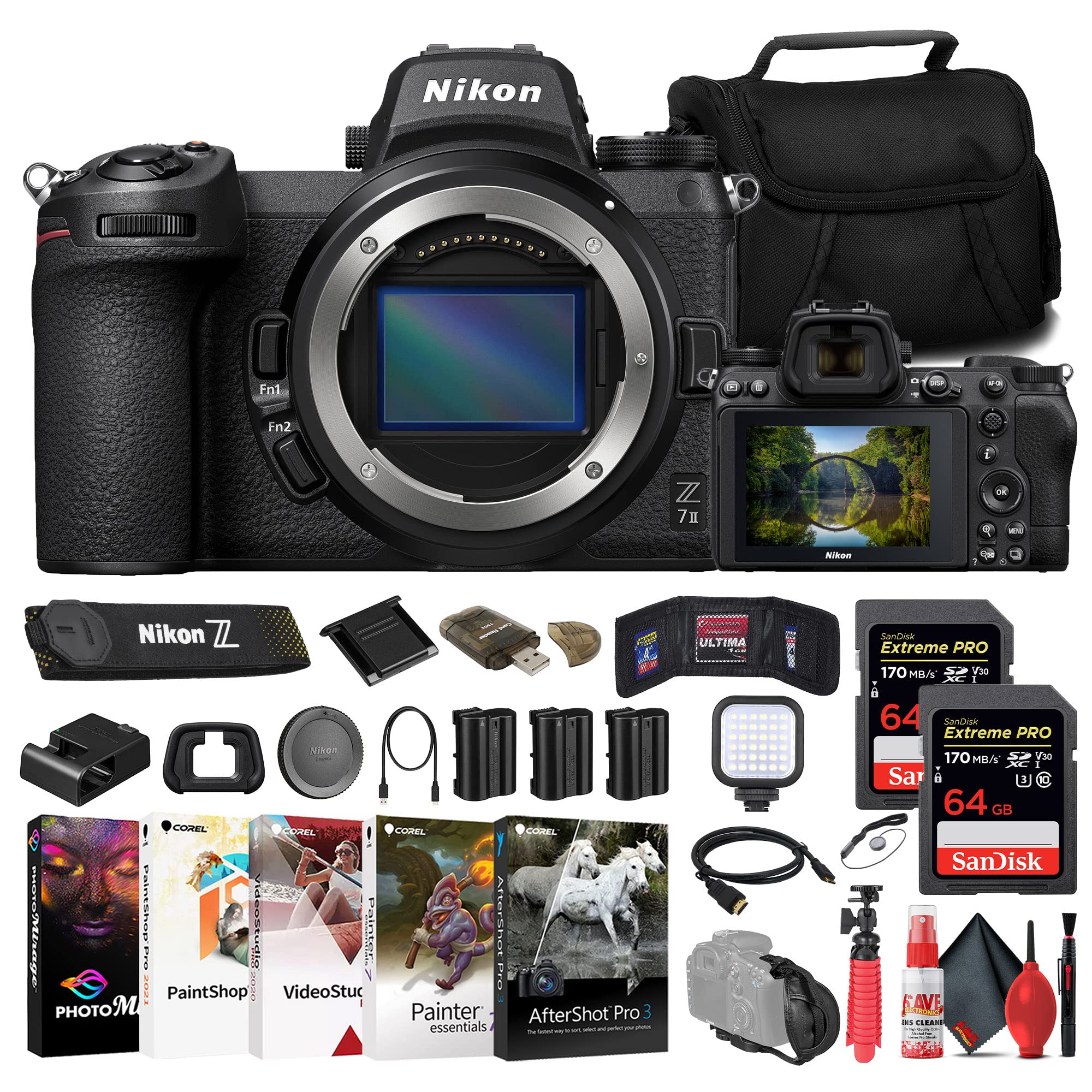 Nikon Z7 II Mirrorless Camera (1653) + 2 x 64GB Memory Card + Bag + 2 x EN-EL15c Battery + Card Reader + LED Light + Corel Photo Software + Flex Tripod + HDMI Cable + Hand Strap + More (Renewed)