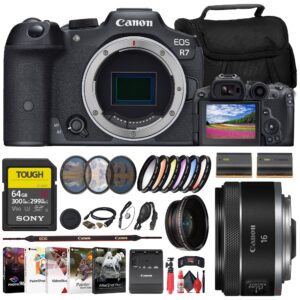 canon eos r7 mirrorless camera (5137c002) + canon 16mm lens (5051c002) + sony 64gb tough sd card + filter kit + bag + charger + lpe6 battery + telephoto lens + card reader + more (renewed)