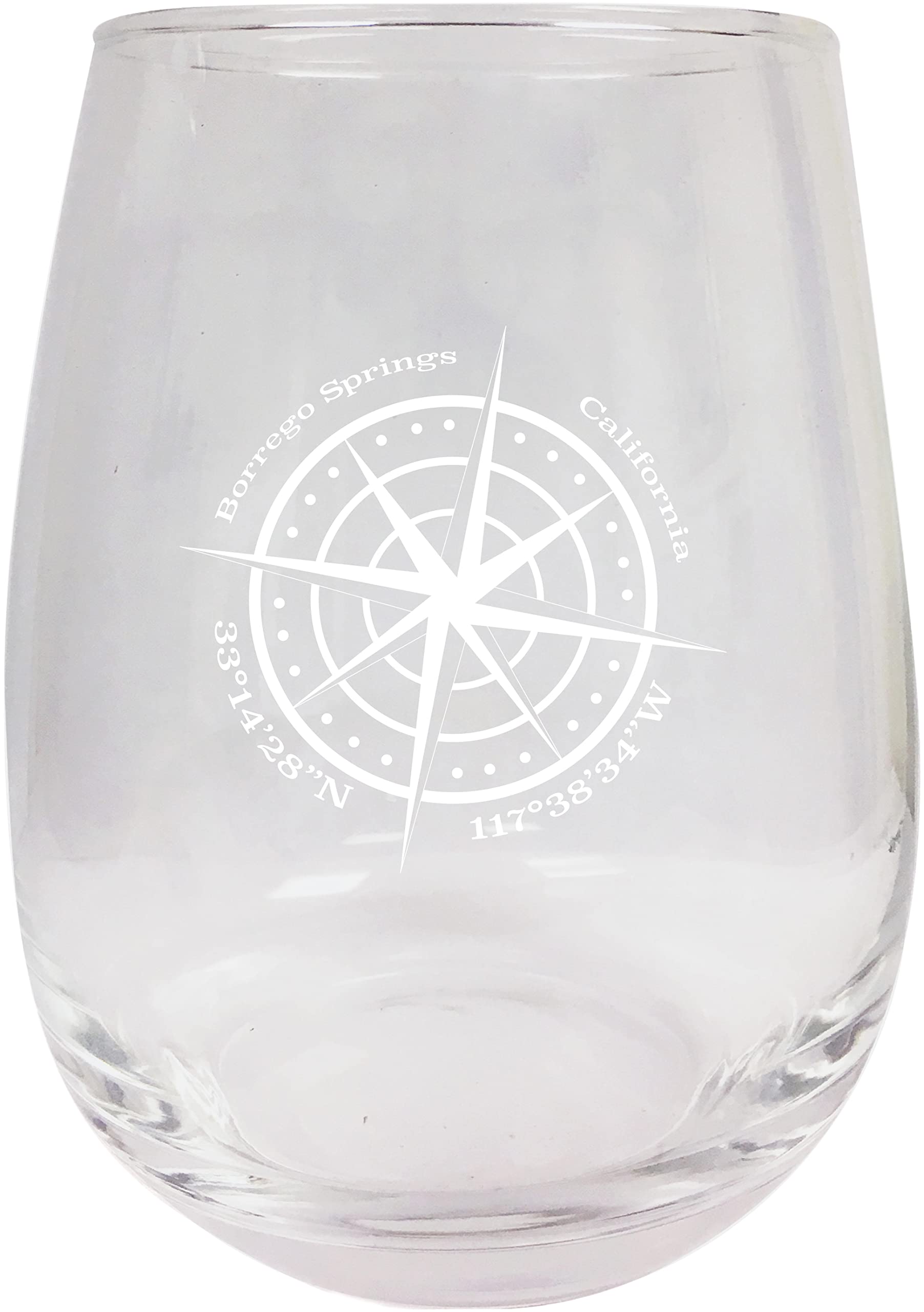 R and R Imports Borrego Springs California Souvenir 15 Ounce Laser Engraved Stemless Wine Glass Compass Design 2-Pack