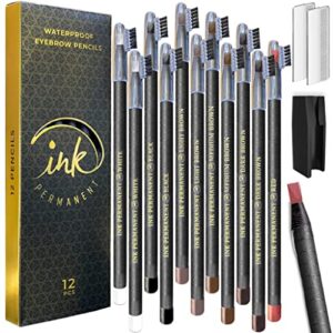 ink permanent waterproof eyebrow mapping pencils for permanent makeup, microblading, and blades henna applications 12 piece brow mapping peel off pencil set with shaper/sharpener (mix)