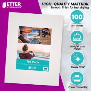 Thin Glossy Photo Paper, 100 Sheets, 8.5 x 11", 30 lb, 115gsm, Inkjet Photo Paper, by Better Office Products, for Brochure Printing, Custom Chip Bag Party Favors, Letter Size, 100-Count Pack